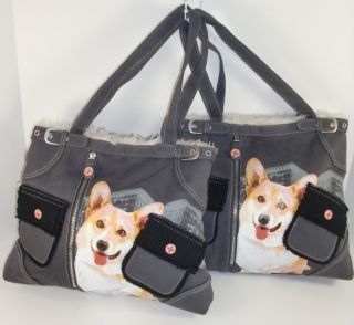 Fuzzy Nation Corgi Dog Gray Multi Tote Shoulder Handbags Authentic