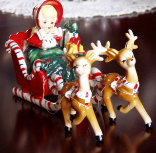 Vintage Lefton Girl in Christmas Sleigh with Reindeer