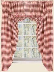 Primitive Barn Red Check Prairie Gathered Swag Curtain