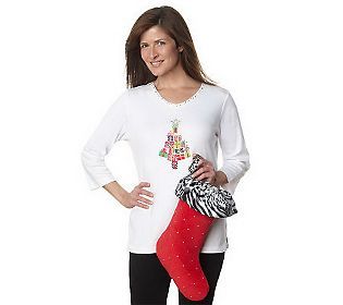 Quacker Factory Party Girls 3/4 Sleeve Holiday T shirt w/Stocking 