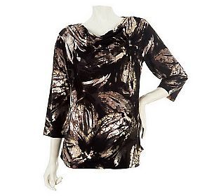 Susan Graver Printed Liquid Knit Drape Neck Top with Ruching —  