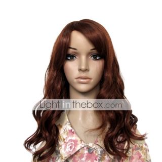 Long curls hair wig with long side swept bangs. Color Shown Red Wine 