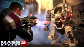 Shepard using a powerful gun against a charging mech in Mass Effect 3