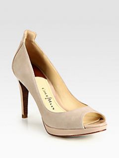 Cole Haan   Chelsea Suede and Patent Leather Peep Toe Pumps