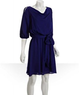 Halston Heritage violet silk cutout shoulder gathered waist dress