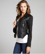 Tahari black textured faux leather knit sleeved Francis jacket style 
