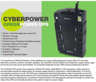 CyberPower CP625HG GreenPower UPS   625VA, 375 Watts, 8 outlet Item 