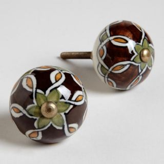 Brown, Green and Turmeric Geometric Metal Knobs, Set of 2  World 