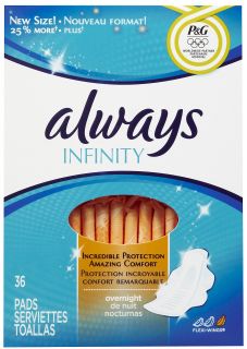 Always Infinity Overnight with Wings, Unscented Pads, 36 ct