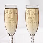 Engraved Crystal Champagne Flutes   Bride and Groom Design   7095