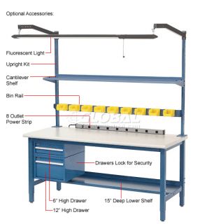 Work Bench Systems  Adjustable Height  60W X 30D Production Bench 