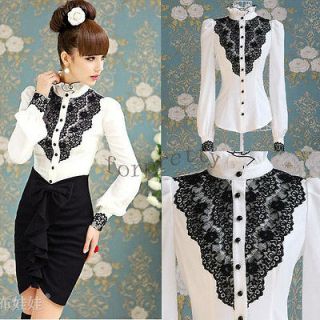 Women’s White Color Long Sleeve OL Stand Collar Lace Shirt Blouse 