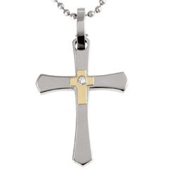 Mens Diamond Accent Crucifix Pendant in Stainless Steel and 14K Gold 