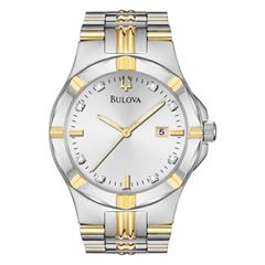 Mens Bulova Two Tone Stainless Steel Watch with Diamond Markers 