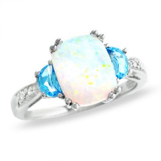 Cushion Cut Lab Created Opal and Blue Topaz Ring in 14K White Gold 