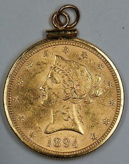 1894 $10 Eagle Liberty Gold Coin in 14kt Gold Bezel, Necklace Jewelry