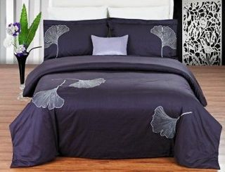 3pc Silver/Purple Ginkgo Leave Embroidered 205TC Cotton Duvet Set 