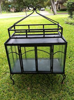   mid century glass black metal wrought iron cabinet curio shelf etagere