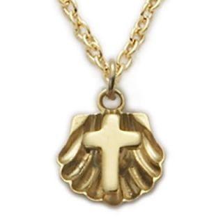   Gift 3/8 14KT Gold Filled Holy Cross w Baptism Shell Medal Pendant