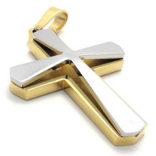   Gold Silver 2 Tone Stainless Steel Cross Pendant Mens Necklace C21432