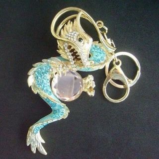 Purse Charming Dragon Key Chain w Blue & Clear Rhinestone Crystals 