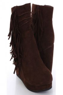 Brown Faux Suede Side Fringe Ankle Boot Wedges @ Amiclubwear Wedges 