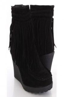 Black Faux Suede Fringe Trim Moccasin Booties Wedges @ Amiclubwear 