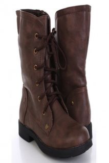 Brown Faux Leather Lace Up Closed Toe Combat Boots @ Amiclubwear Boots 