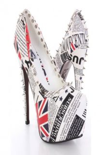 London Print Faux Leather Spike Studded Platform Heels @ Amiclubwear 