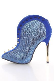 Blue Glitter Faux Suede Spike Studded Trim Booties