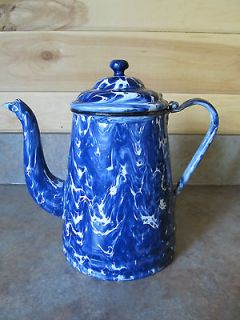 Vintage Graniteware Enamel Ware Cobalt Blue Swirl Gooseneck Coffee Pot 
