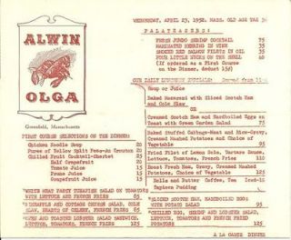 1952 Menu   Alwin Olga Restaurant Greenfield, Massachusetts   Lobster
