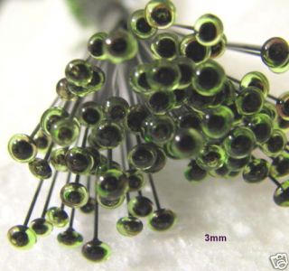 12 PAIR 3MM GREEN GLASS EYES on wire