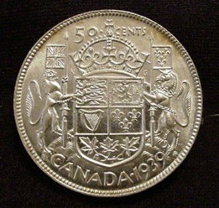   Canadian 1939 .800 silver fifty 50 cents cent piece half dollar MS
