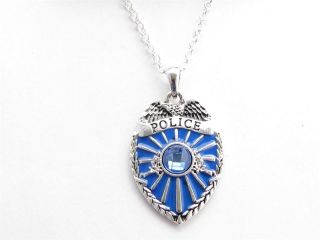   Badge Blue Crystal Silver Chain Necklace Jewelry Cop Police Patrolman