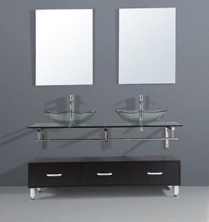   Wood Double Sink Bathroom Vanity Cabinet Tempered Glass Countertop