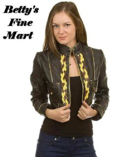 NEW WOMENS BLACK LEATHER LIKE JACKET GOLD/COPPER SEQUINS DETAIL & GOLD 