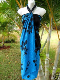 Sarong Teal Blue/Blk Plumeria Hawaiian Luau Wrap Dress