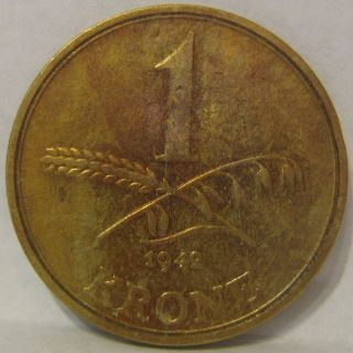 DENMARK 1 Krone 1942 World War II K&K Coin # H0465