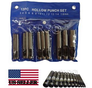 12pc HOLLOW HOLE PUNCH LEATHER BELT GASKET CRAFT METAL RUBBER VYNIL 