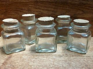 VINTAGE SQUARE GLASS JARS w/CORK LIDS STOPPERS~Miniature Tiny Spice 