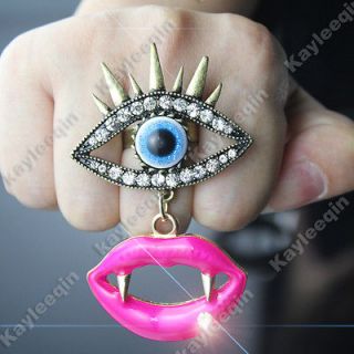   Eyes Eyelash Pink Lip Vampire Teeth Finger Ring Goth Punk Fancy Dress