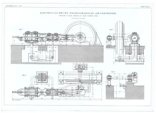  Engineering Antique Engraved Print   Hoerbiger Rogler Air Compressor