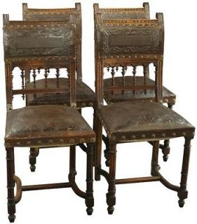 ANTIQUE WALNUT FRENCH RENAISSANCE HENRY II DINING CHAIR SET/4, LEATHER 