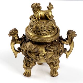 Chinese Brass Carved Dragon Center/Incense Burner