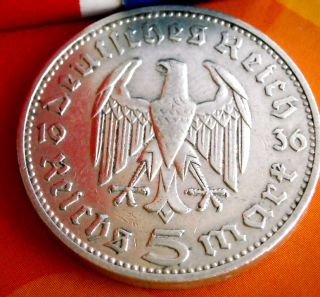 1936 J NAZI HINDENBURG 5 Mark .900 SILVER COIN German WW2 GERMANY 5 