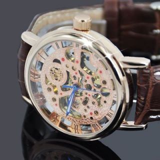 See Through Skeleton Mens Leather Steel Mechanical Wristwatch Luxury 