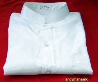 Mens Thai Silk Shirt White Mandarin 16 Collar / Medium Short Sleeve 