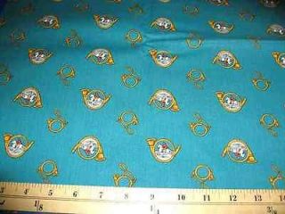 FOX HUNTING/HUNT HORN on Teal Background 8 1/2 Square Block Cotton 