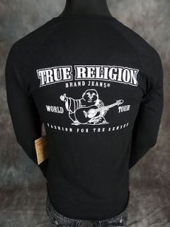 NWT Mens TRUE RELIGION Jersey Henley Shirt in BLACK with HORSESHOE 